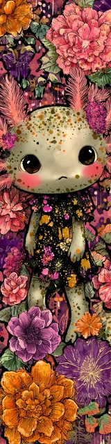 Free kawaii axolotl bookmark featuring an orange floral kawaii axolotl